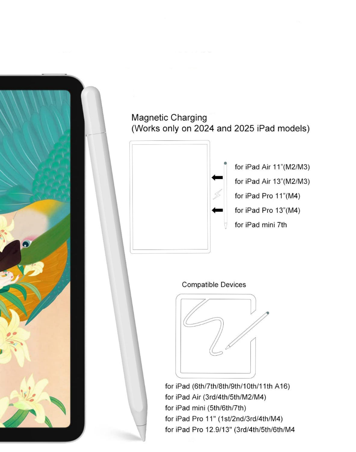 Magnetic charging cable with compatibility chart for Apple devices on a white background